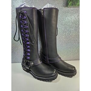MILWAUKEE Leather Women's Black Purple 14" Biker Motorcycle Boots Size 7 NIB